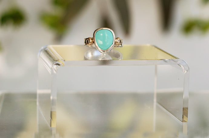 Turquoise and Salt & Pepper Diamond Ring - Gold and Argentium