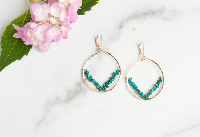 Gold Hammered Hoop Earrings With Turquoise Accents