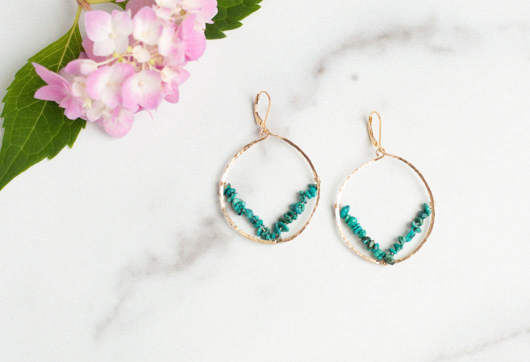 Gold Hammered Hoop Earrings With Turquoise Accents