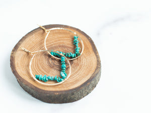 Gold Hammered Hoop Earrings With Turquoise Accents